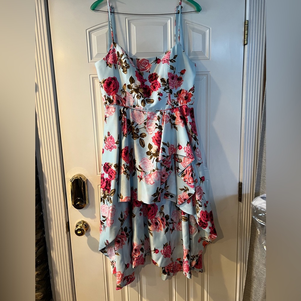 David’s Bridal mini dress. High/low skirt. Light blue with pink flowers.
